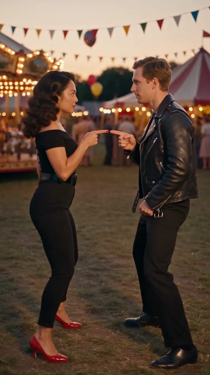 Side view of the pair facing each other on the grass, both pointing, fingertips almost touching