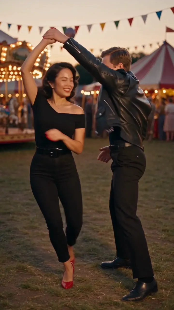 The man in the leather jacket holding a hand high while the woman in red heels turns under it, smiling