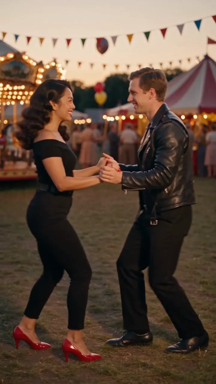 The pair holding both hands and leaning into a swing step, laughing at each other