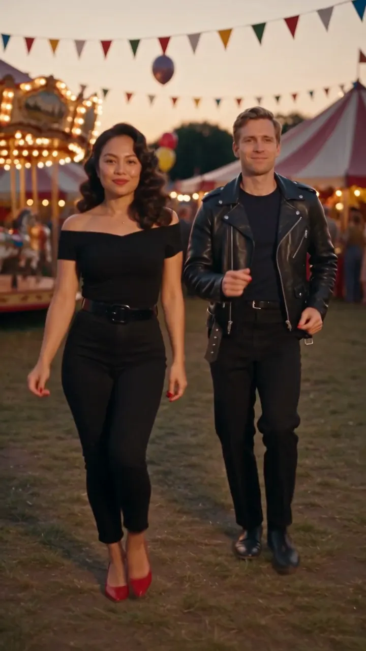 A woman in a black off-the-shoulder top and red heels and a man in a black leather jacket walking side by side toward the camera at a carnival at dusk