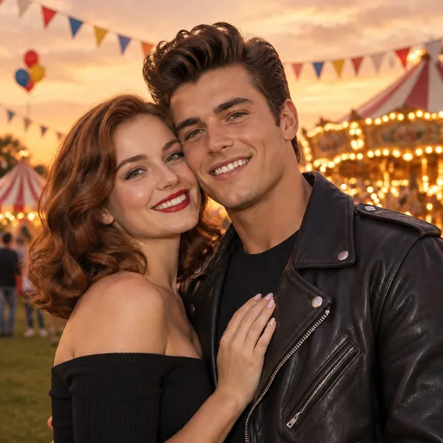 A young couple in 1950s outfits pressing cheek to cheek and smiling at the camera on a fairground at dusk, a lit carousel, striped tents and bunting behind them