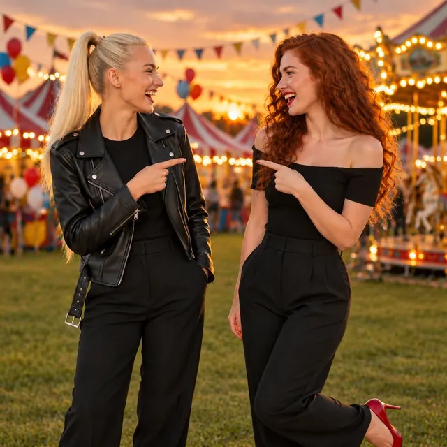 Two young women in 1950s outfits, one in a leather jacket, pointing at each other and laughing on the grass of a fairground at dusk, striped tents and a lit carousel behind