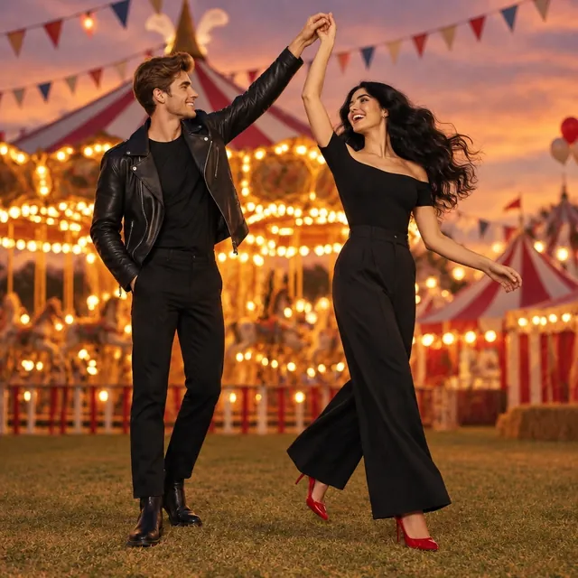 A young man raising his hand as a woman with long black hair twirls under it on the grass in front of a lit carousel and striped tents at dusk