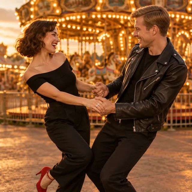 An engaged couple in 1950s outfits swinging hand in hand and laughing in front of a gold-lit carousel