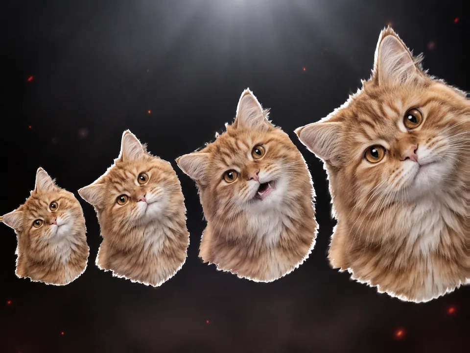 同一只橘色虎斑猫变成四个从小到大的抠图头像，排在暗色舞台上，几点红色火星飘过