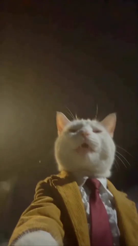 White cat in a mustard corduroy jacket and burgundy tie rising into frame against the dark night sky, mouth open, as the phone swings up