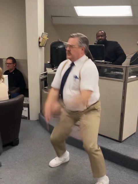 模板片子里的舞者双臂张开,同事在矮柜台后面