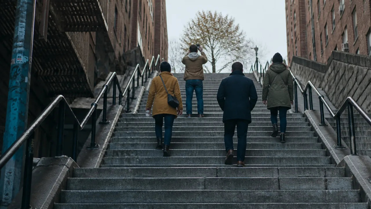 A group of visitors standing on a long concrete staircase between brick buildings, seen from below on an overcast afternoon