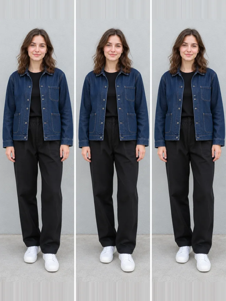 The same photo of a woman in a denim jacket and black trousers, shown three times side by side.