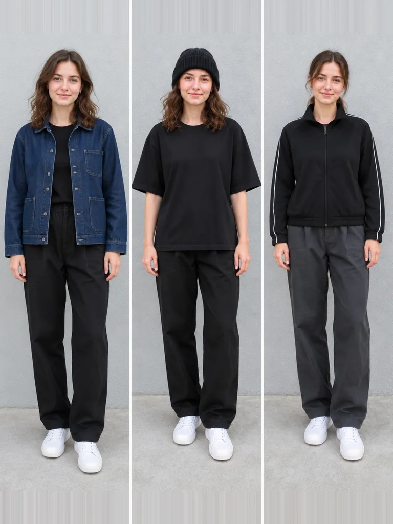 One woman photographed three times: in a denim jacket, in a black beanie and T-shirt, and in a black track jacket.