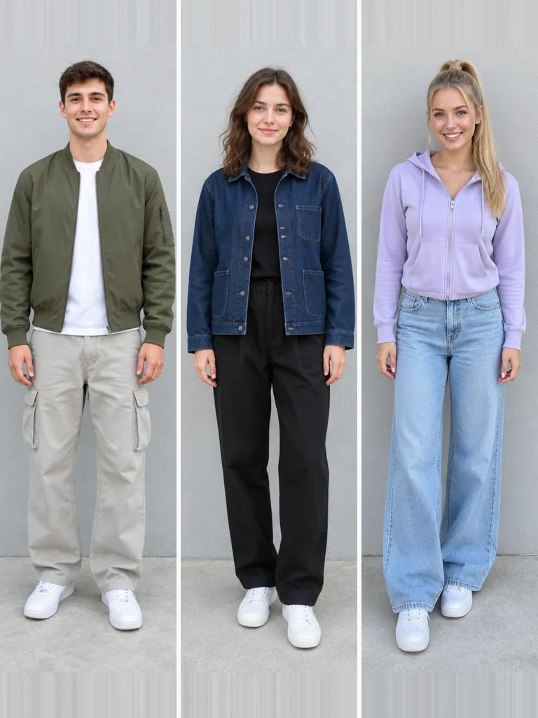 Three friends photographed separately: a man in an olive bomber jacket, a woman in a denim jacket and a woman in a lilac hoodie.