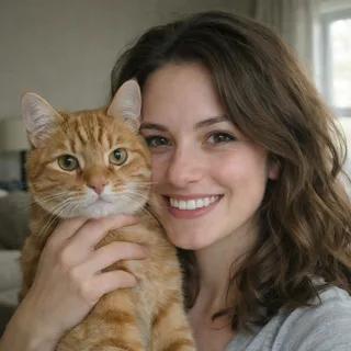 Woman holding a ginger cat against her cheek in a living room
