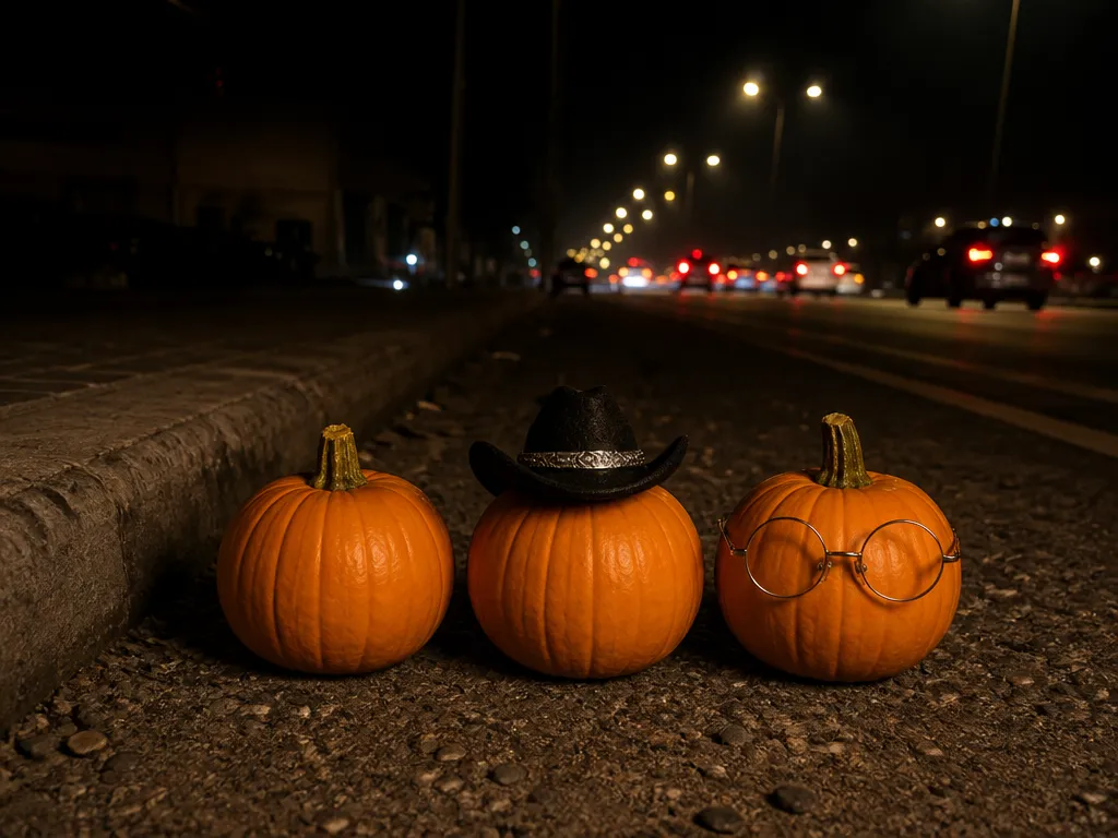 Three orange pumpkins on a roadside curb at night, the middle one in a small black cowboy hat and the right one in round glasses