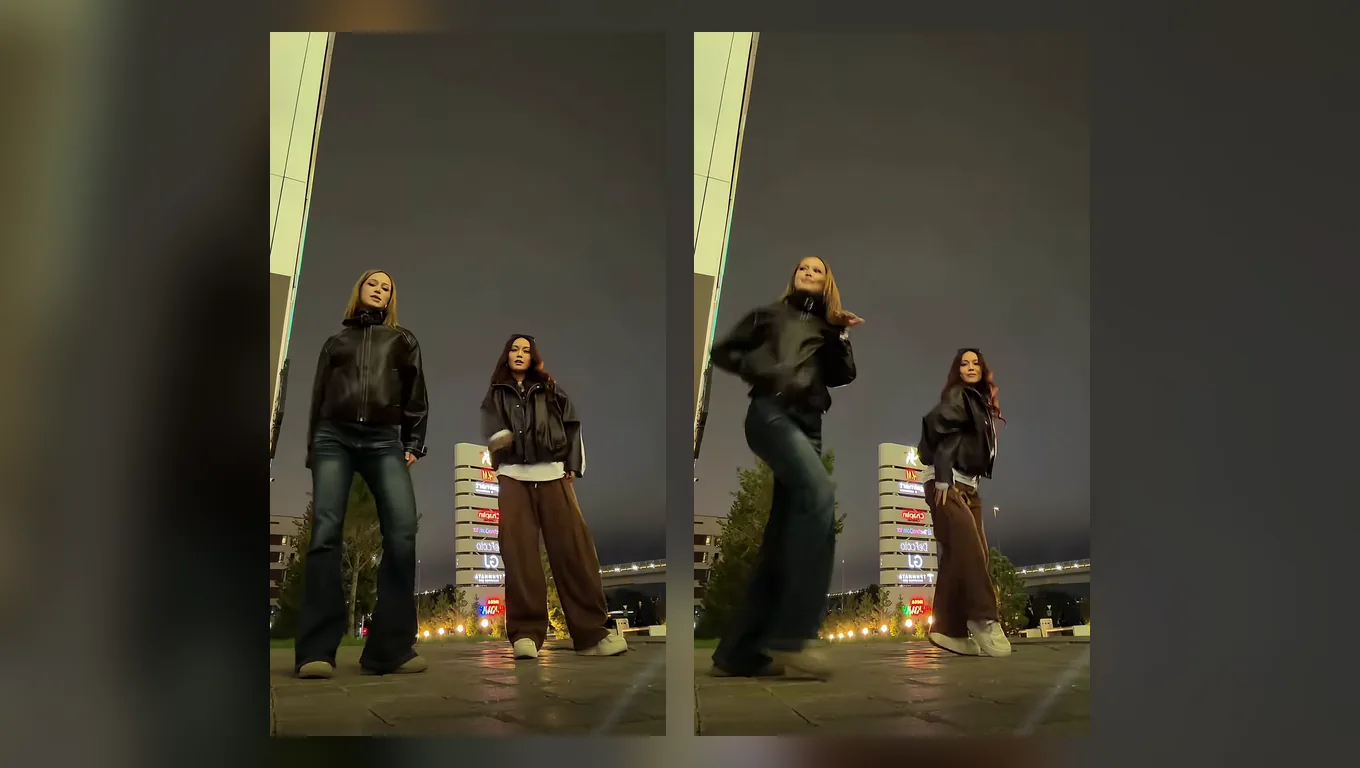 Two trend clip stills filmed from a phone on the ground: two dancers stand tall against the night sky on a lit plaza, then one steps toward the lens