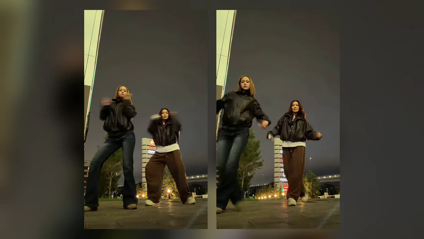 Two trend clip stills: the left dancer, a step closer to the lens, and the right dancer cross their arms and kick at the same moment