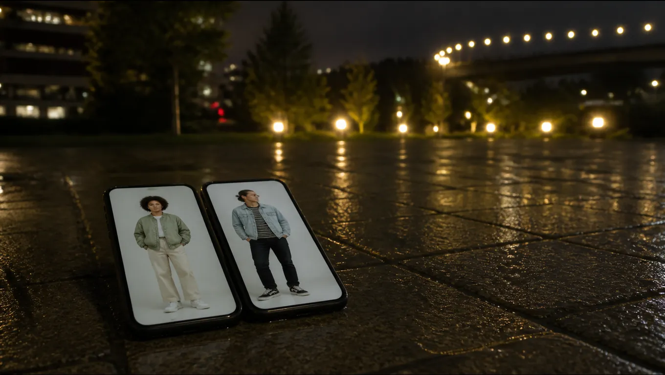 Two phones lying on wet paving at night, each showing a full-length photo of one person on a white background