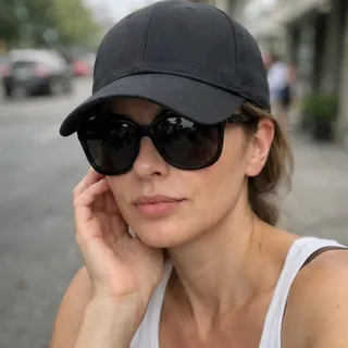 Woman in a low cap and dark sunglasses with a hand near her face