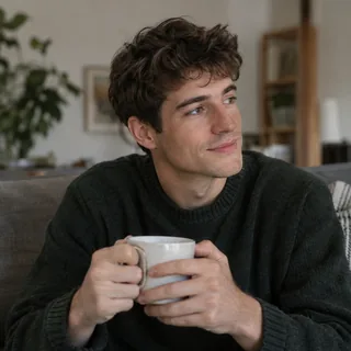 Man sitting on a sofa with a mug, cropped at the waist