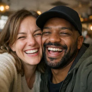 Two friends cheek to cheek in a café selfie