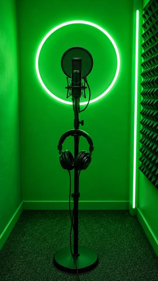 An empty green-lit booth with a round neon ring, one stand microphone and headphones hanging on the stand