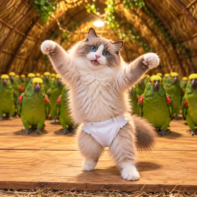蓝眼睛的长毛布偶猫穿着白尿布站起来，两只前爪高举，身后是鹦鹉群。