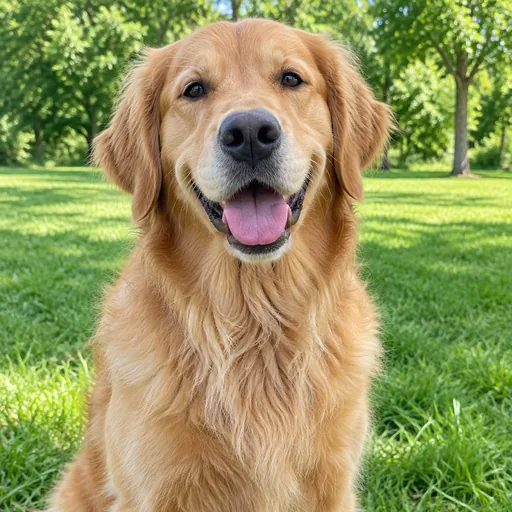 金毛犬坐在阳光公园的草地上，对着镜头咧嘴笑