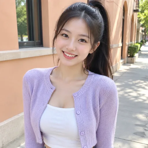 扎黑色高马尾、穿淡紫色开衫的年轻女生，在阳光街头微笑