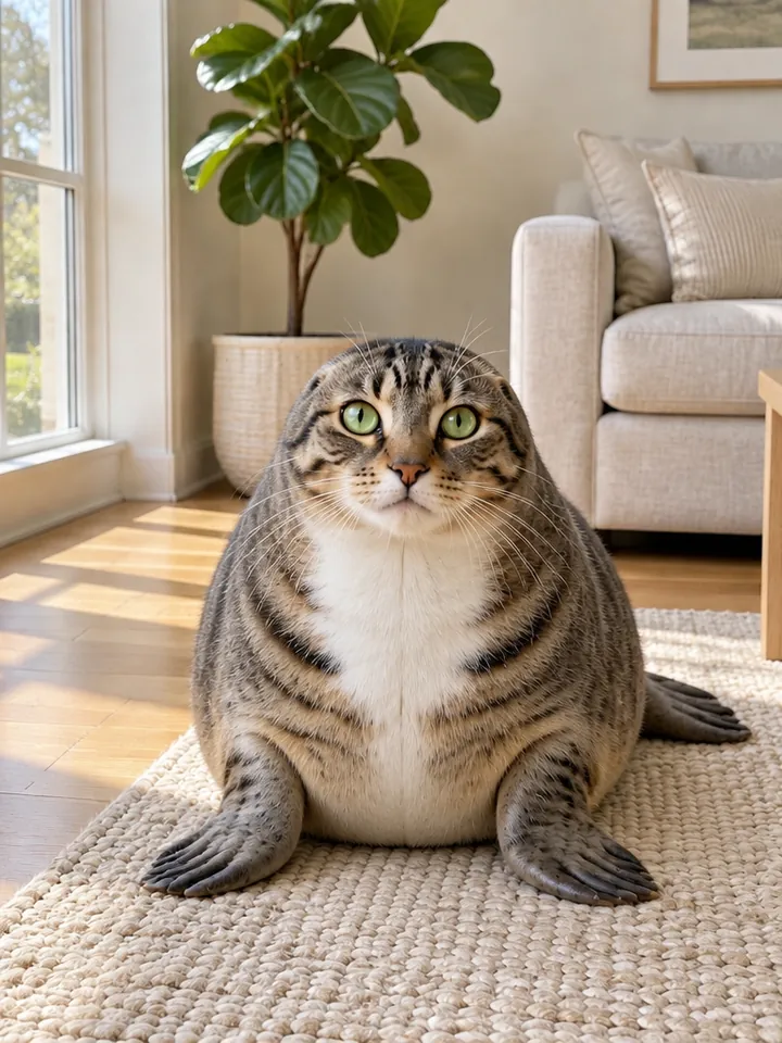 阳光客厅奶白色地毯上的胖海豹,有着虎斑猫的绿眼睛、白嘴巴和深色条纹