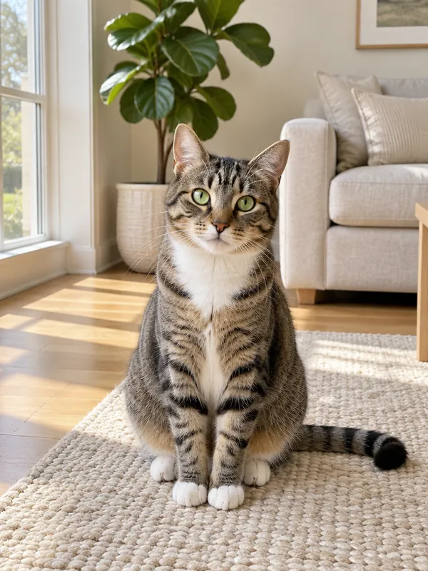 坐在阳光客厅奶白色地毯上的虎斑猫,白胸口,全身入镜