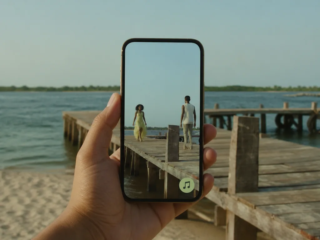A hand holding a phone on a wooden pier, playing a vertical video of two people on the pier with a music badge on screen