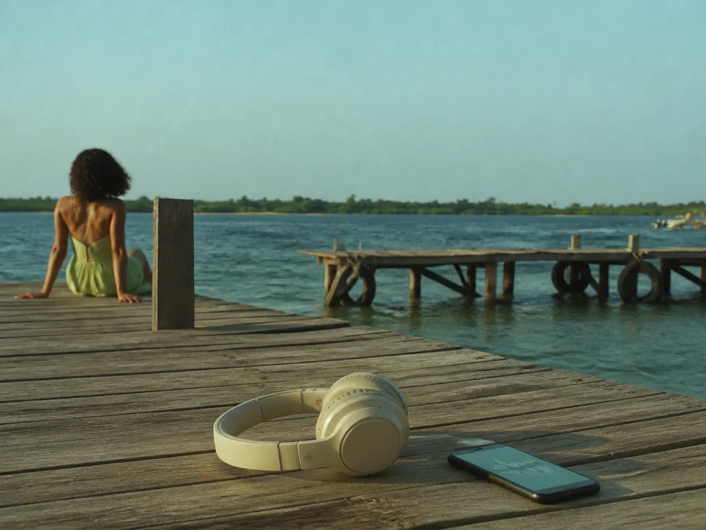 Cream headphones next to a phone showing an audio waveform on weathered pier planks by the sea
