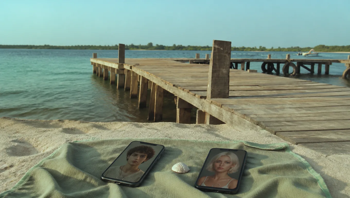 Two phones on a sage beach towel on the sand, each showing a portrait of a different person, a small seashell between them