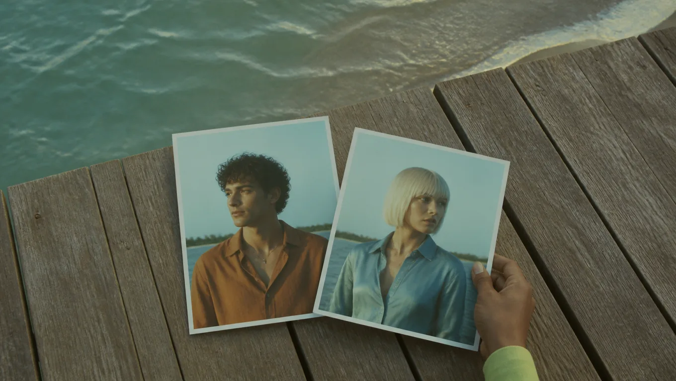 Two printed portraits on weathered pier planks, a hand swapping their places