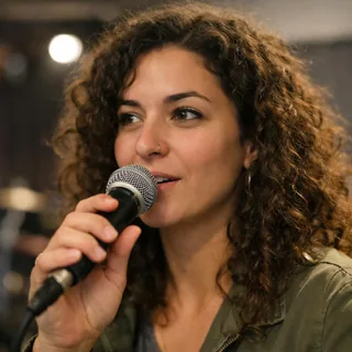 A woman holding a microphone in front of her mouth