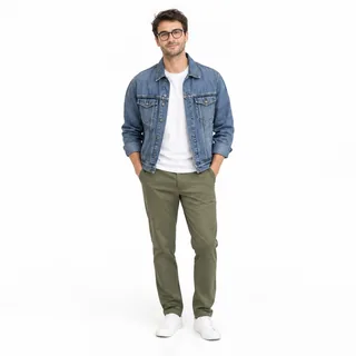 A man in glasses, a denim jacket and olive trousers standing full-length on a white background