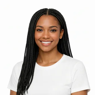 A smiling woman with long braids facing the camera on a white background
