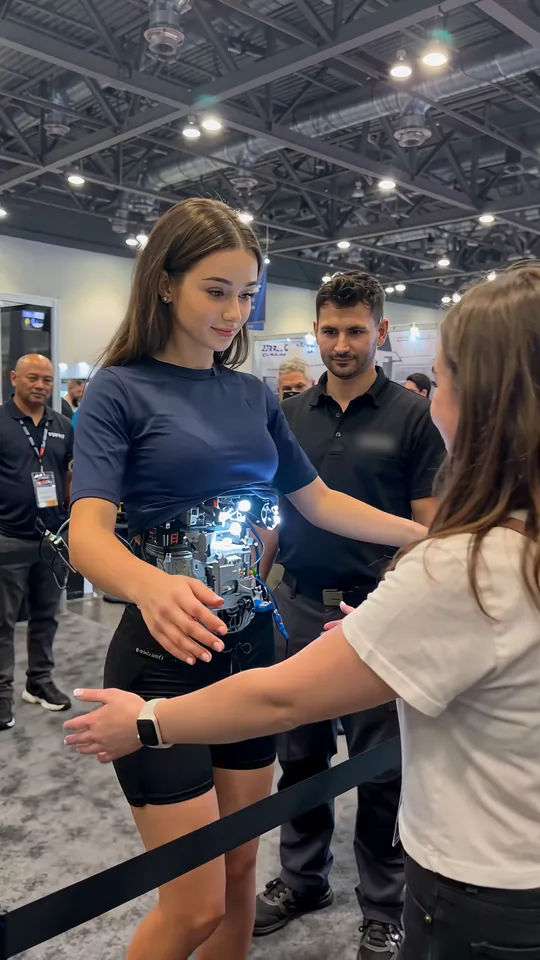 The android lifts both arms stiffly toward the visitor in front of the rope barrier