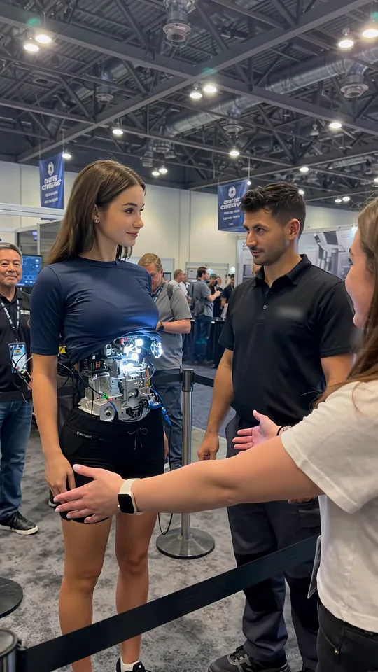 The booth android stands stiffly with her arms at her sides as a visitor reaches a hand toward her