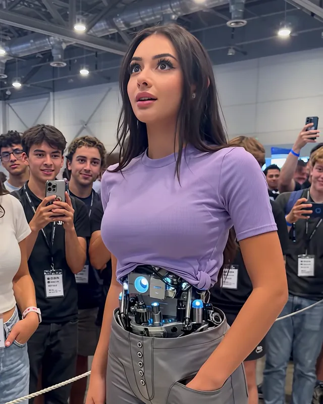 The android in a lilac tee looks up in surprise with her hands in her new pockets as the crowd films