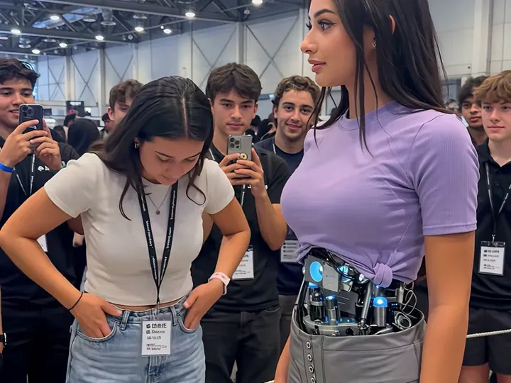 The android in a lilac tee stands beside a visitor checking her own jeans pockets, while people with lanyards film them on their phones under the hall's roof trusses