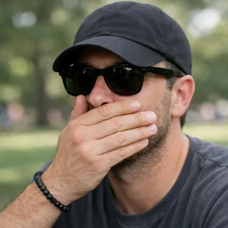 A man in sunglasses and a cap holding a hand over his mouth