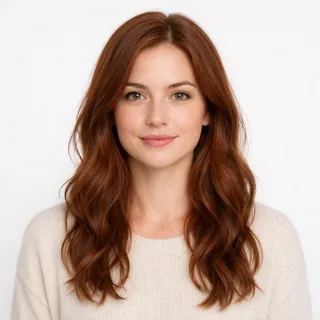 Head-and-shoulders photo of a young woman with long wavy auburn hair on a white background