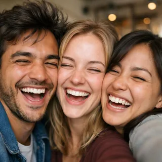 Three friends squeezed together cheek to cheek for a selfie
