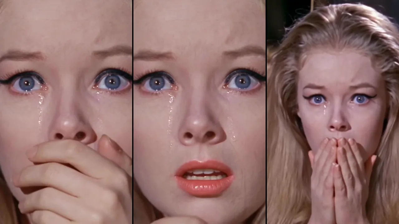 Three trend clip stills of the crying girl: a hand over her mouth with tears, a teary close-up with her mouth open, and both hands over her mouth in the straw