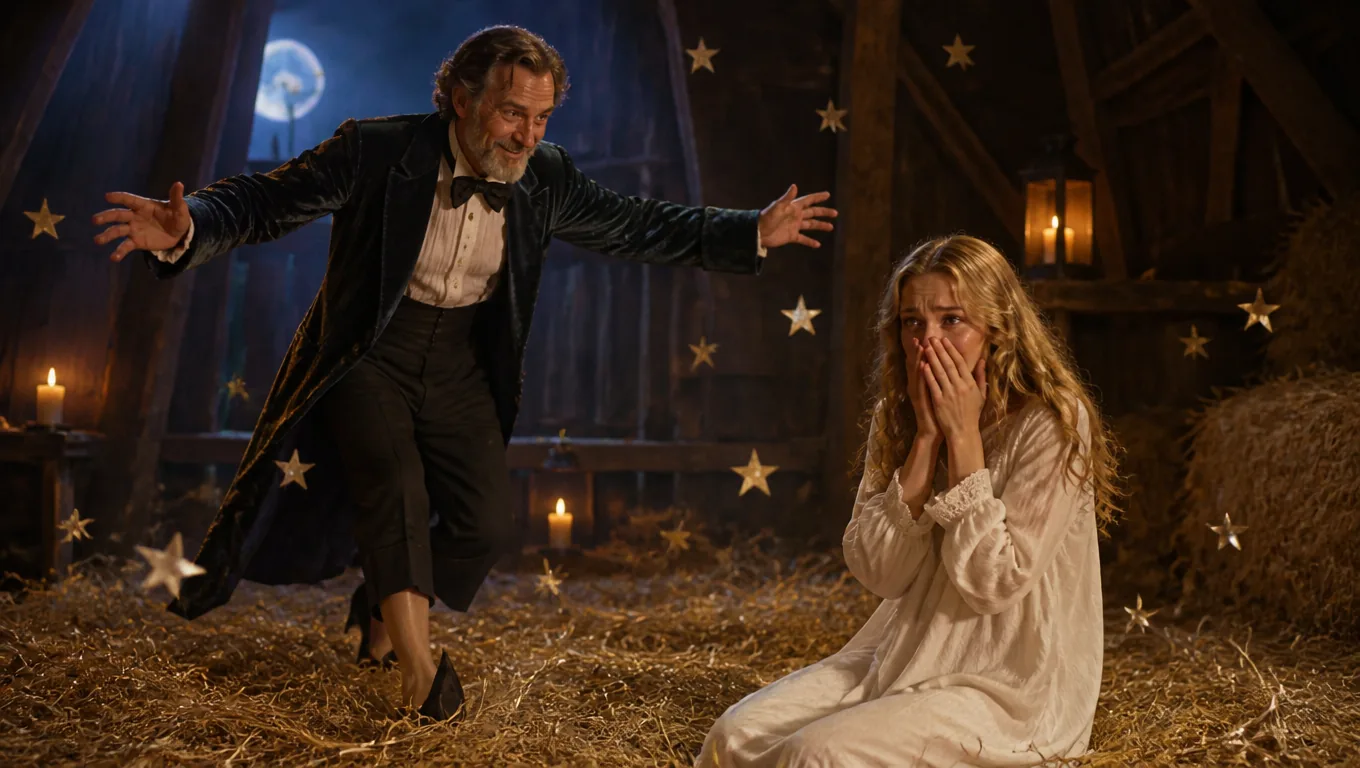A grey-bearded man in a velvet tailcoat tiptoes through moonlit straw with his arms spread while a blonde woman in a nightgown kneels in front of him, hands over her mouth