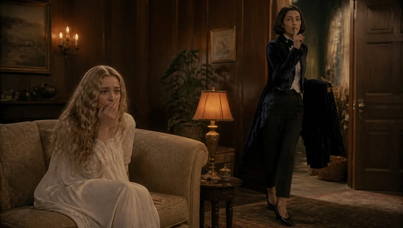 A woman with a dark bob in a velvet tailcoat tiptoes toward a wooden front door carrying her coat, while a blonde woman in a white nightgown stares from the sofa
