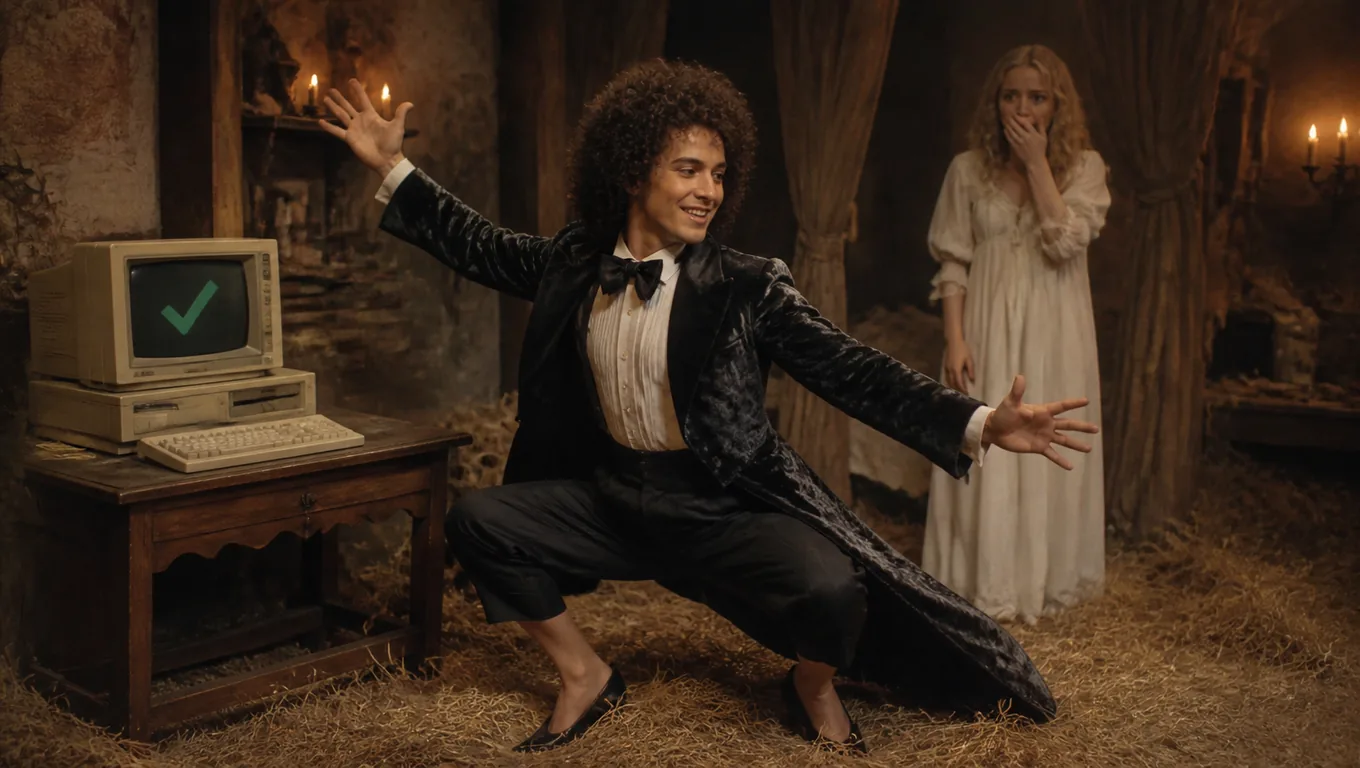 A man with a curly afro in a velvet tailcoat dances with bent knees and arms wide beside an old computer showing a green check mark, while a blonde woman in a nightgown stares