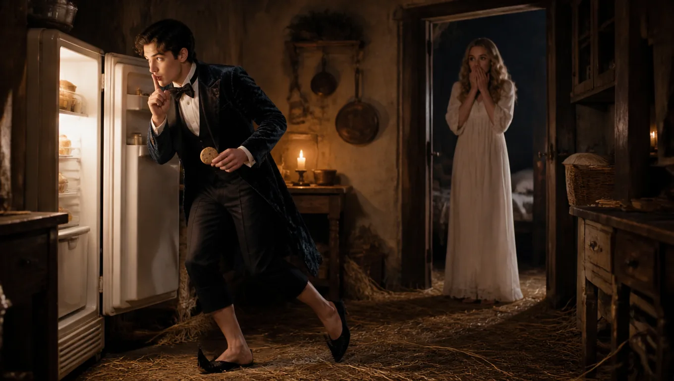 A man in a velvet tailcoat tiptoes toward a glowing fridge with a finger to his lips and a cookie in hand, while a blonde woman in a white nightgown watches from the doorway, hands over her mouth