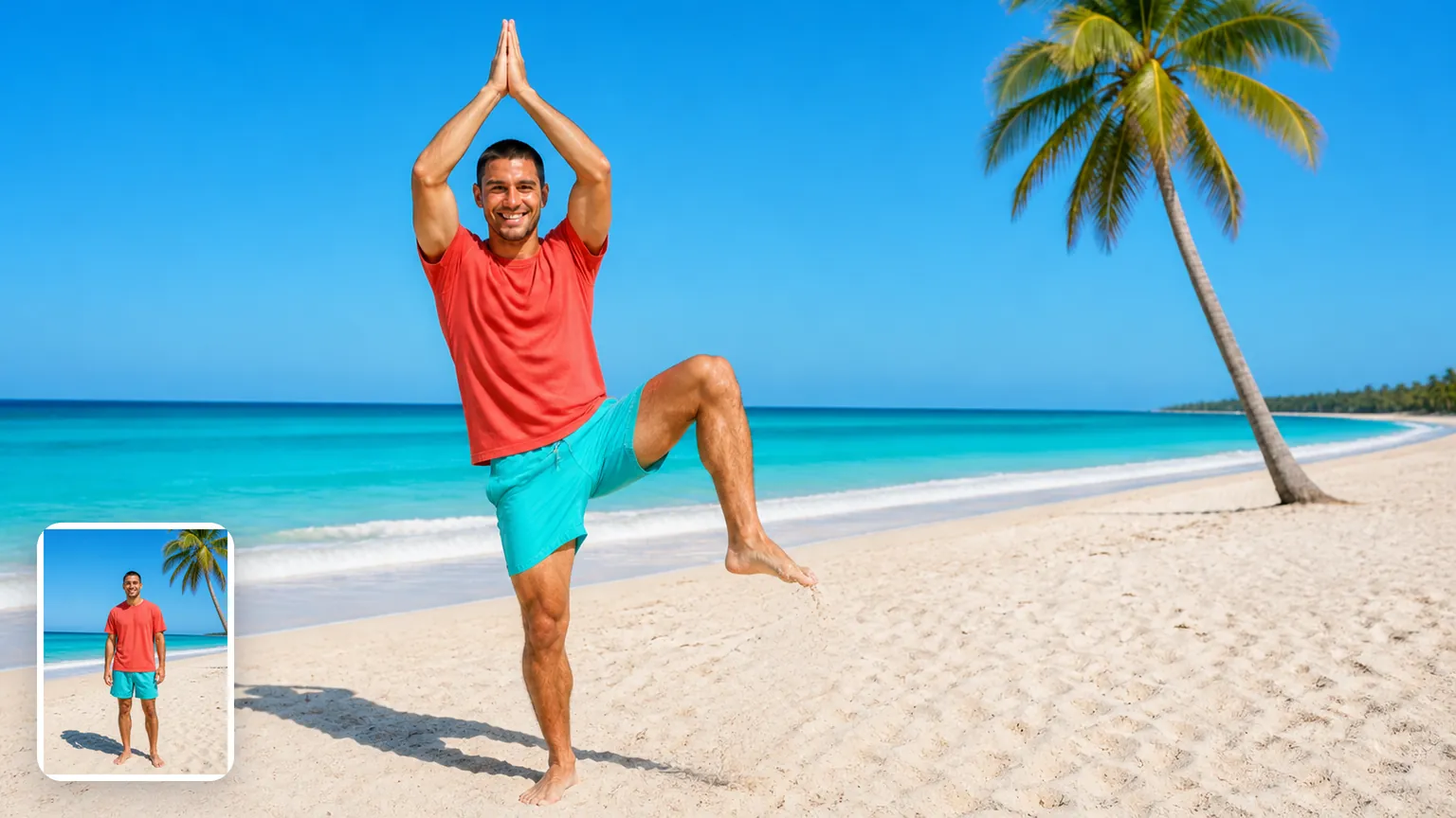 Illustration: on a sunny beach, a man in a red t-shirt presses his palms together overhead with one knee raised; a corner inset shows him standing on the same sand