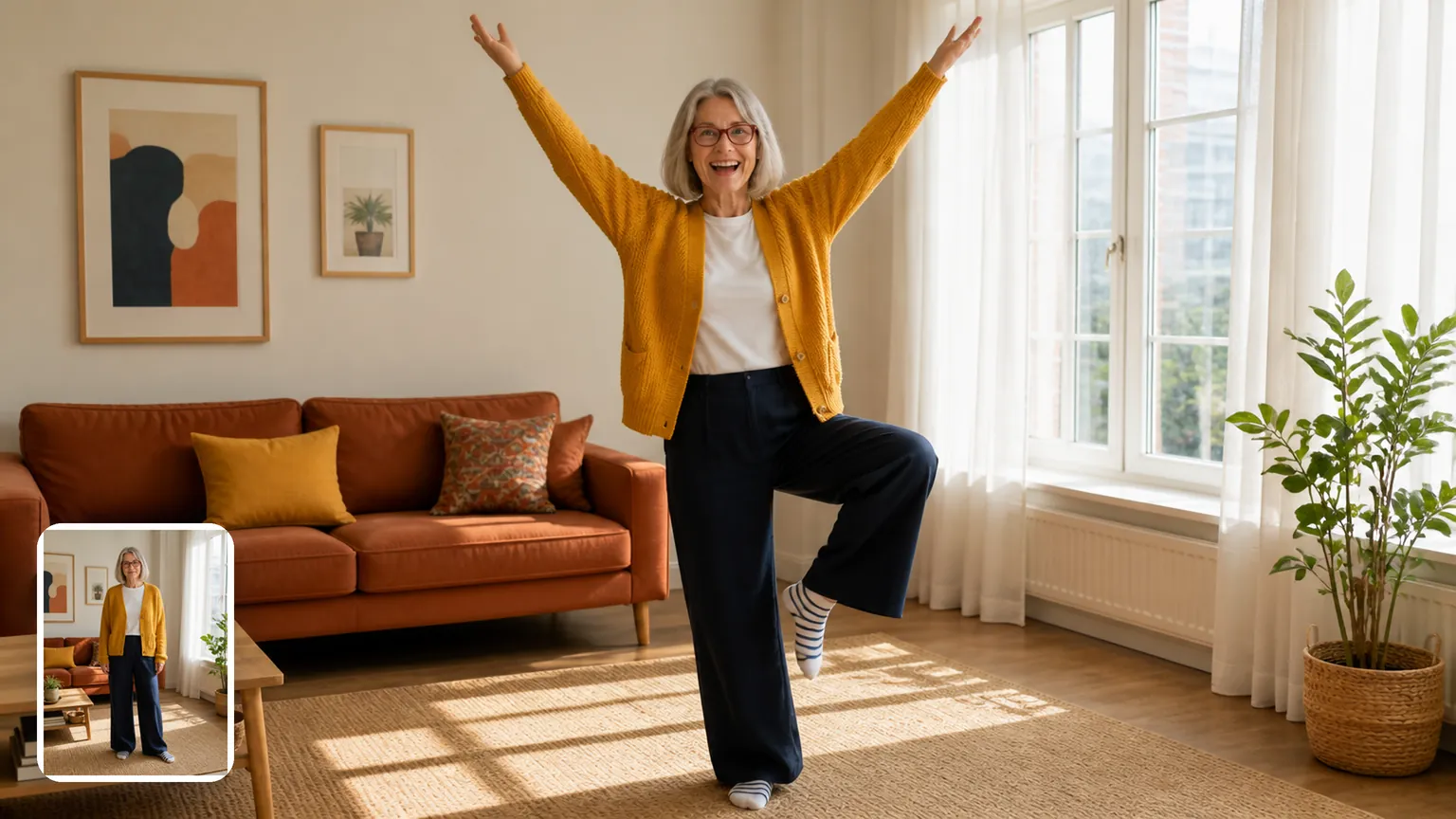 Illustration: in a sunny living room, a woman with a silver bob throws her arms up in a V with one knee lifted; a corner inset shows her standing in the same room
